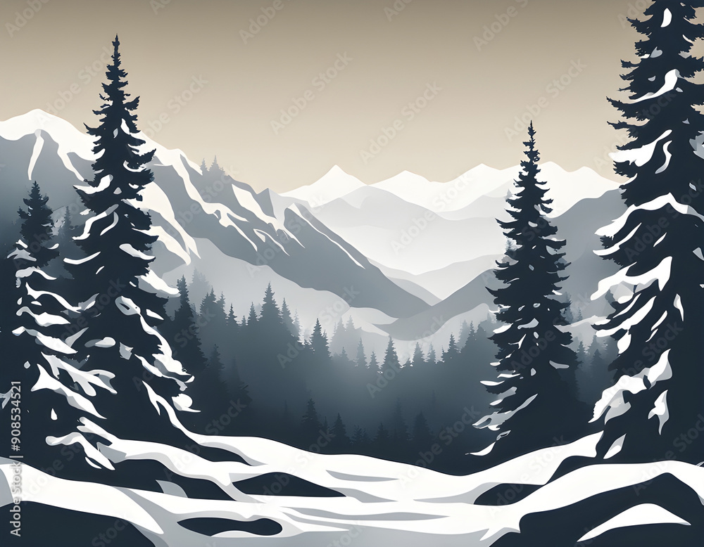 Fototapeta premium Winter season trees mountains forest texture, silhouette of coniferous forest background