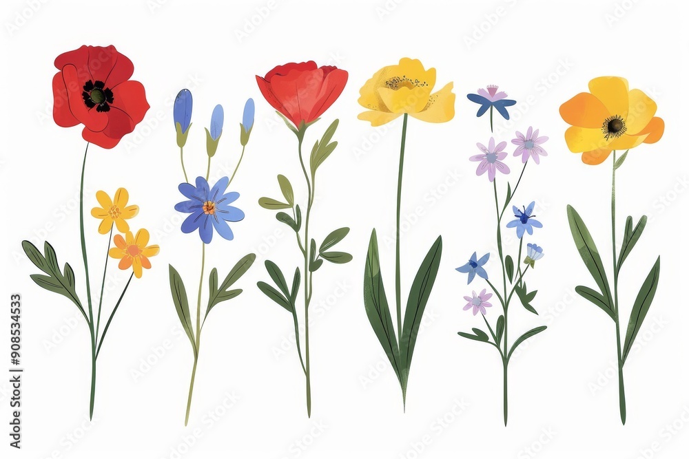 Fototapeta premium Collection of 2D and 3D Vector Flat Abstract Minimalistic Art of Flowers and Meadow Isolated on a White Background