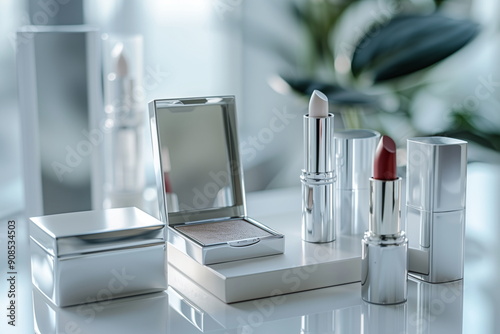 Elegant Makeup Set with Lipstick and Eyeshadow in Minimalist Silver Packaging on a Clean Surface photo