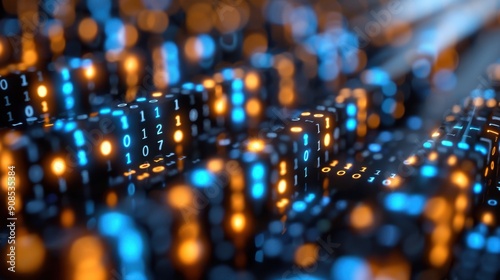 Abstract close-up of digital data blocks with blue and orange lights, representing advanced technology and data processing.