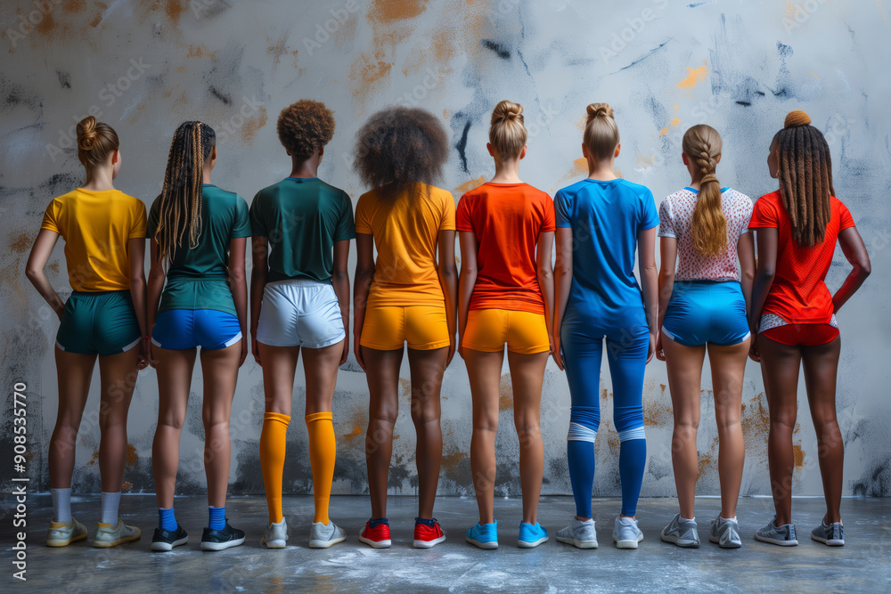 Obraz premium Celebrating Diversity in Sports With Young Athletes in Colorful Attire at a Creative Urban Venue