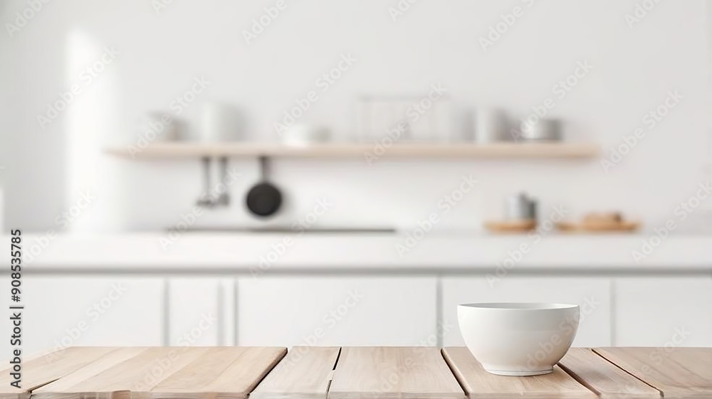 Defocused Kitchen with Wooden Plank in the Foreground. Made with Generative AI Technology Defocused Kitchen with Wooden Plank in the Foreground. Made with Generative AI Technology