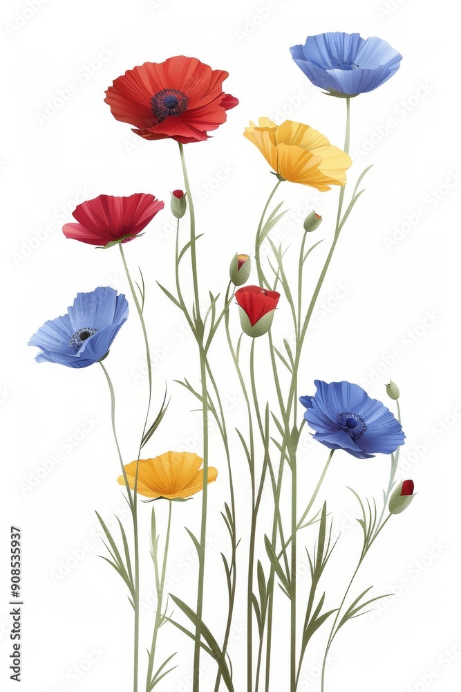 Fototapeta premium Collection of 2D and 3D Vector Flat Abstract Minimalistic Art of Flowers and Meadow Isolated on a White Background