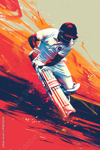 Dynamic Cricket Action of a Skillful Batsman Against a Vibrant Splatter Background at Sunset