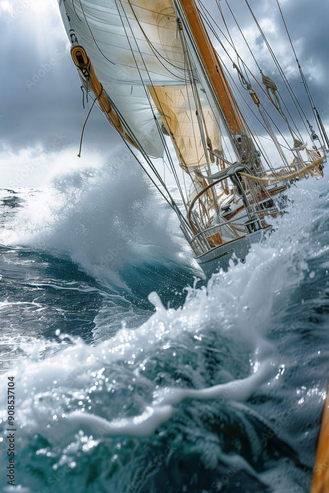 Obraz premium Dynamic Regatta Adventure on a Historic Sailing Ship Amidst Dramatic Clouds and Waves