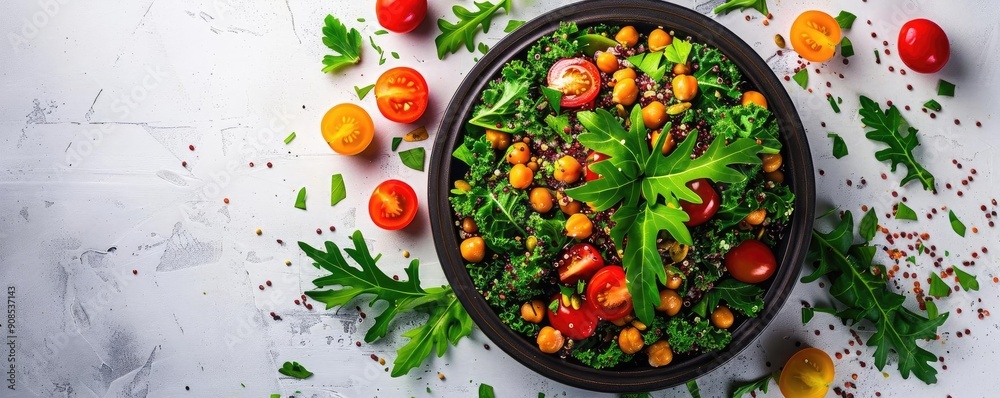 A vibrant salad bowl featuring fresh greens, cherry tomatoes, and chickpeas, perfect for healthy eating and meal prep. A vibrant salad bowl featuring fresh greens, cherry tomatoes, and chickpeas, perfect for healthy eating and meal prep.