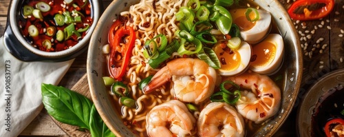 Delicious bowl of shrimp ramen with fresh herbs, spices, and a soft-boiled egg, perfect for a comforting meal. photo