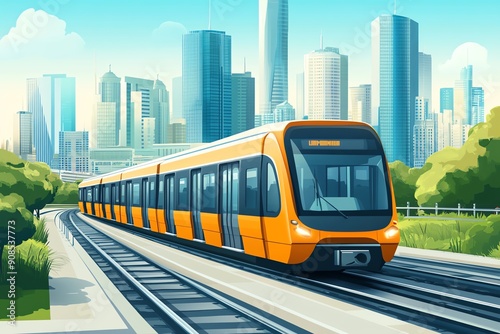Modern Train in Cityscape.