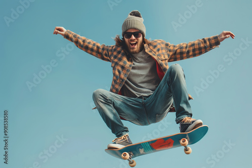 Young Skateboarder Daringly Leaps Against a Clear Blue Sky in Vibrant Urban Setting photo