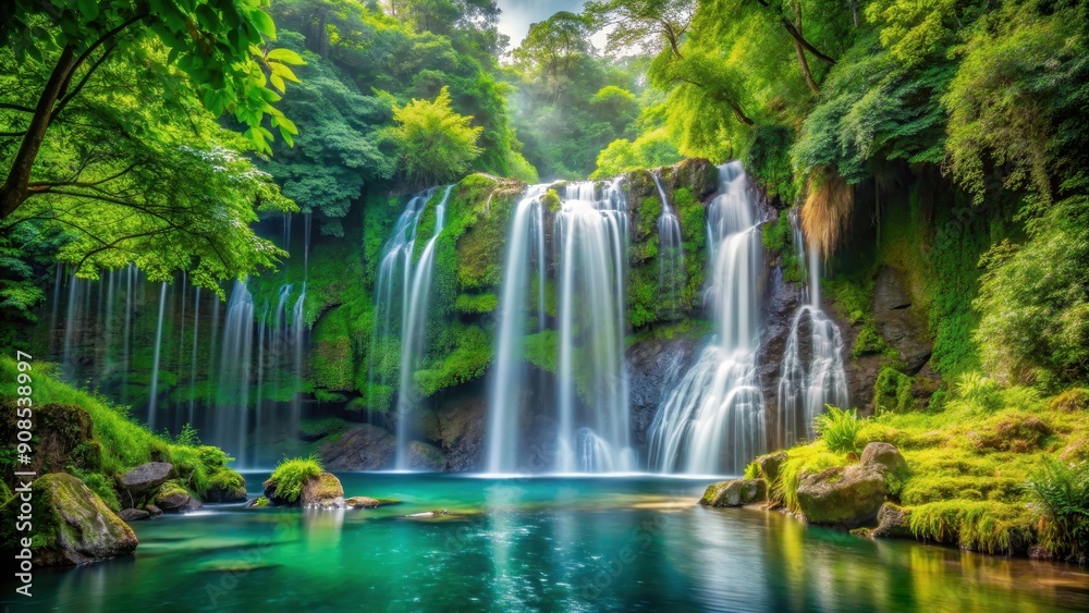 Obraz premium Enchanting waterfall surrounded by lush green forest , nature, tranquil, waterfall, forest, scenic, landscape