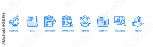 Case study web banner icon vector illustration concept consists of research, data, conditions, examination, method, in depth, analyzing, and result icon live stroke and easy to edit