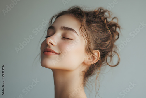 A close up of a girl's face with her eyes closed