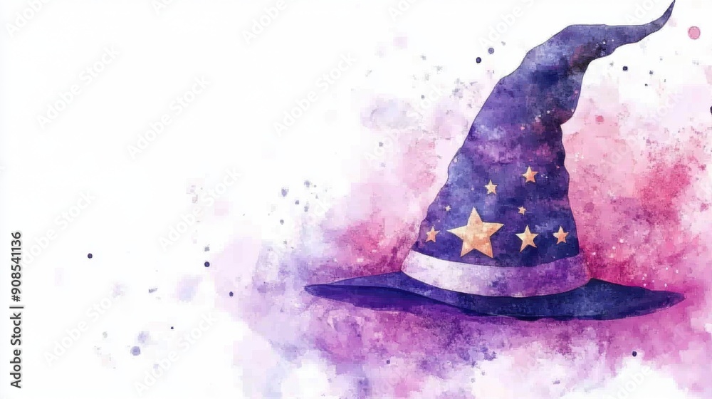 Watercolor witch's hat with stars and moons on one side, with copy space on the other side, vintage watercolor splash background. Watercolor witch's hat with stars and moons on one side, with copy space on the other side, vintage watercolor splash background.