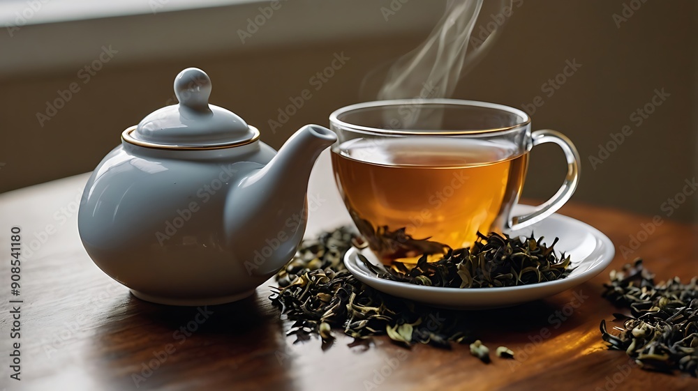 Loose tea leaves a swirl pattern with a teapot Loose tea leaves a swirl pattern with a teapot