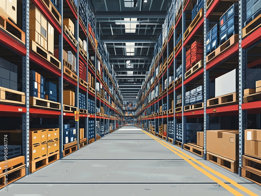 Warehouse with Rows of Pallets and Boxes. Warehouse with Rows of Pallets and Boxes.