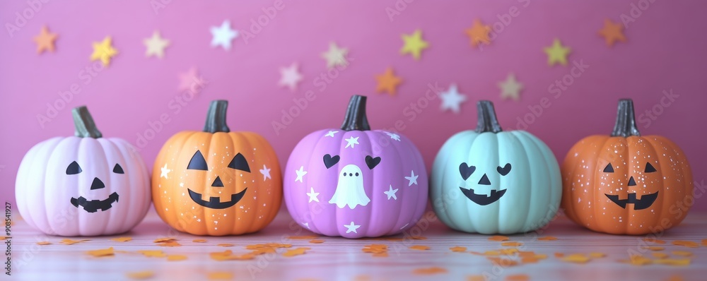 a pink, purple, orange, and white painted pumpkin with a ghost face, hearts, and stars drawn on it in pastel colors. fun Halloween themed party decorations a pink, purple, orange, and white painted pumpkin with a ghost face, hearts, and stars drawn on it in pastel colors. fun Halloween themed party decorations