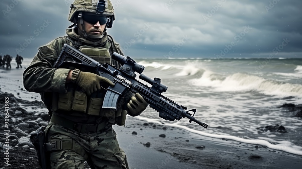 Special forces soldier in combat gear with rifle standing on seashore full length portrait Special forces soldier in combat gear with rifle standing on seashore full length portrait