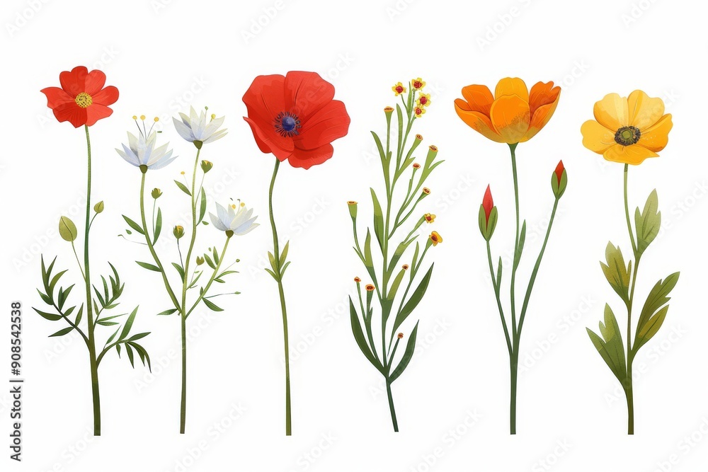 Fototapeta premium Collection of 2D and 3D Vector Flat Abstract Minimalistic Art of Flowers and Meadow Isolated on a White Background
