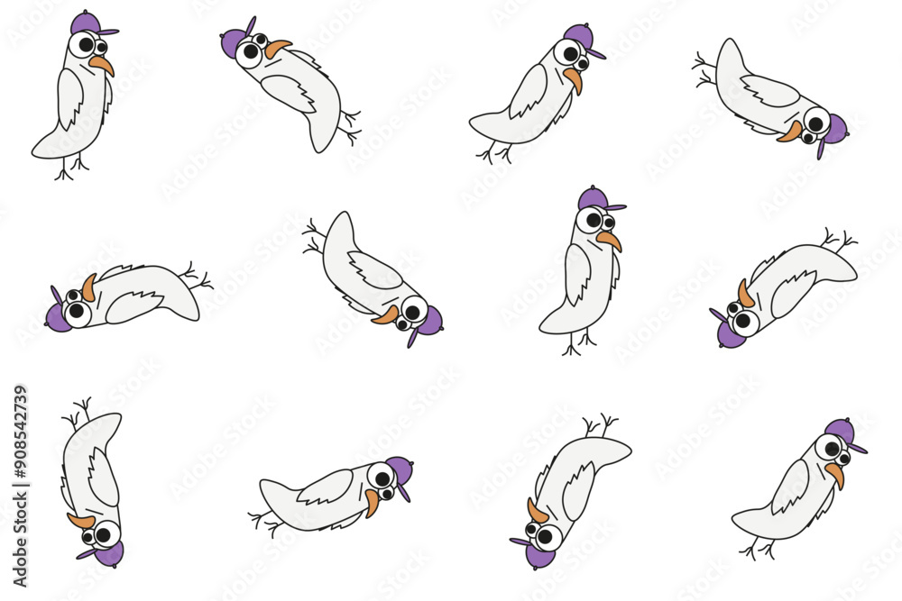 Obraz premium Seagull seamless pattern. Funky bird ornamet. Cool simple Dove background. Flat style vector illustration. Editable stroke. EPS 10