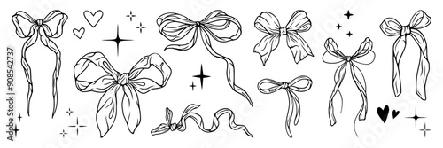 Hand drawn retro bow knots. Retro ribbon element, star and heart shape for celebration, holiday, party. Vector illustration set.