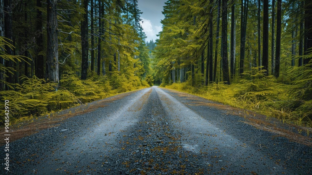 Fototapeta premium A serene road through lush green forest, showcasing the beauty of nature and inviting exploration.