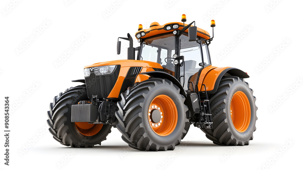 Obraz premium Powerful orange agricultural tractor on field,modern heavy machinery for farm and construction work