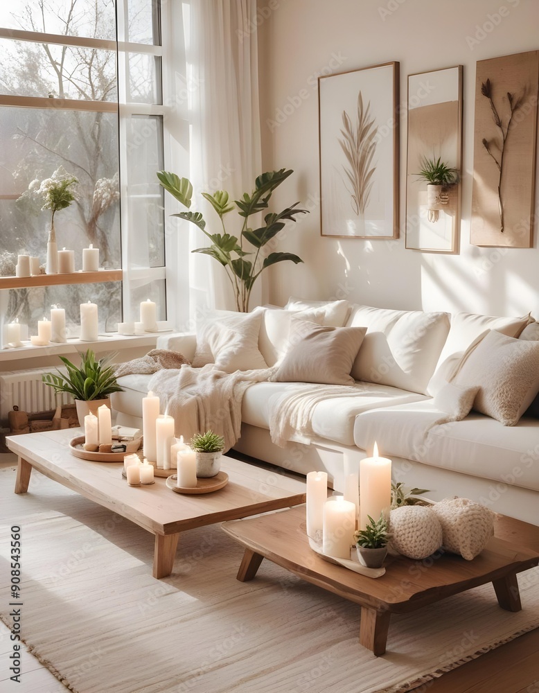 A cozy and inviting living room with a large white sofa, a wooden coffee table, and various decorative elements like candles and plants A cozy and inviting living room with a large white sofa, a wooden coffee table, and various decorative elements like candles and plants