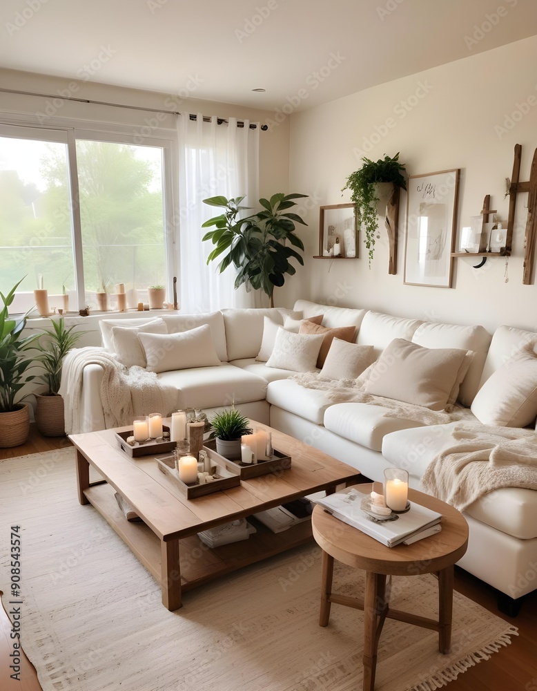 A cozy and inviting living room with a large white sofa, a wooden coffee table, and various decorative elements like candles and plants A cozy and inviting living room with a large white sofa, a wooden coffee table, and various decorative elements like candles and plants