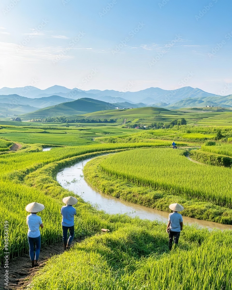 Farmers using irrigation channels and terraces to prevent flooding in agricultural fields, flood management, traditional and modern farming techniques Farmers using irrigation channels and terraces to prevent flooding in agricultural fields, flood management, traditional and modern farming techniques