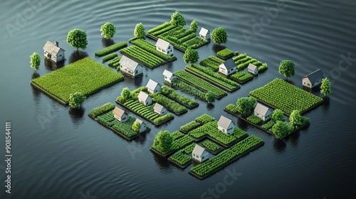 Flood-resistant crops in waterlogged fields, agricultural adaptation, 3D Style illustration photo