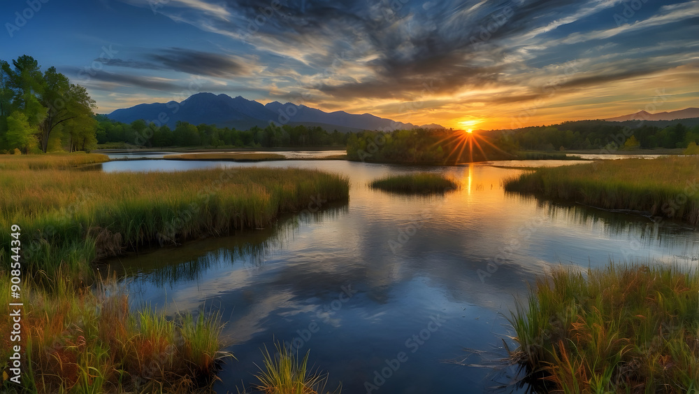 A beautiful sunrise landscape with a tranquil lake A beautiful sunrise landscape with a tranquil lake