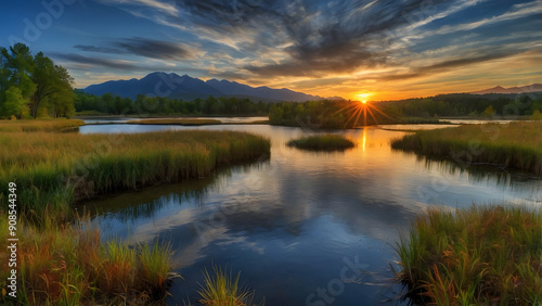 A beautiful sunrise landscape with a tranquil lake