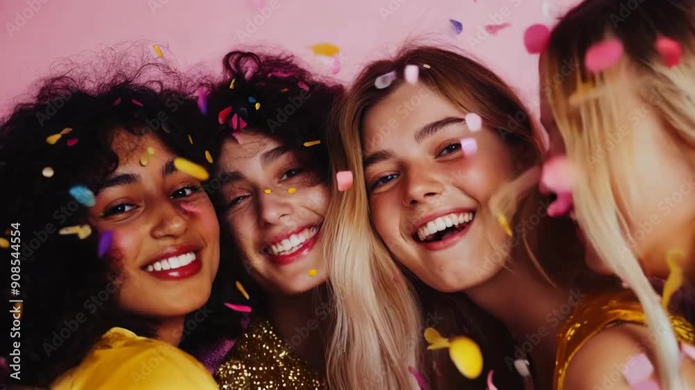 Group of four young women at a party with confetti against a pink background Group of four young women at a party with confetti against a pink background