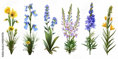 Collection of 2D and 3D Vector Flat Abstract Minimalistic Art of Flowers and Meadow Isolated on a White Background