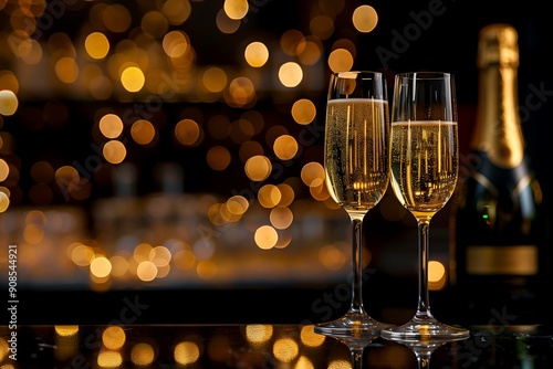 Sparkling Celebration: Elegant Champagne Flutes Toasting with Golden Lights and Confetti for Festive Occasions.スパークリングセレブレーション エレガントなシャンパングラスで乾杯 ゴールデンライトとコンフェッティが輝くお祝いの場に最適 Generative AI