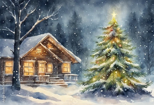 Magical Winter Watercolor Christmas Tree