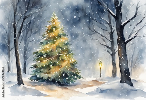 Magical Winter Watercolor Christmas Tree