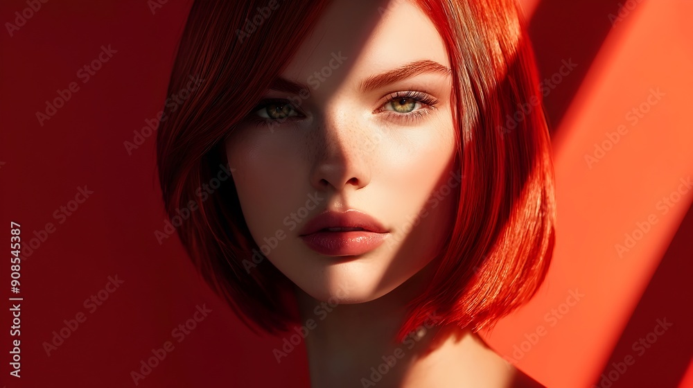Captivating Crimson-Haired Beauty Gazing Intently with Mesmerizing Makeup and Elegant Lighting Captivating Crimson-Haired Beauty Gazing Intently with Mesmerizing Makeup and Elegant Lighting