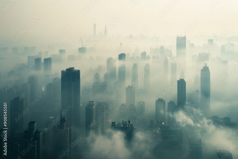 A cityscape enveloped in smog, with high-rise buildings barely visible through the thick, polluted air A cityscape enveloped in smog, with high-rise buildings barely visible through the thick, polluted air