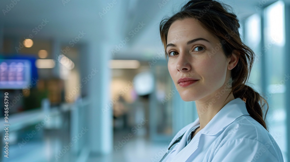Female doctor reviewing patient charts in a high-tech medical office, copy space Female doctor reviewing patient charts in a high-tech medical office, copy space