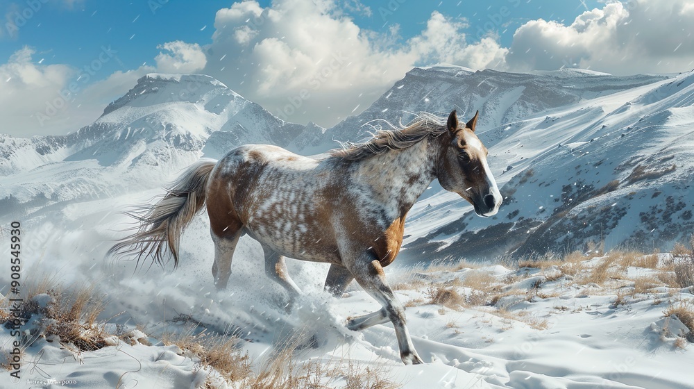 Naklejka premium Wild Horse Galloping Through Snowy Mountain Terrain