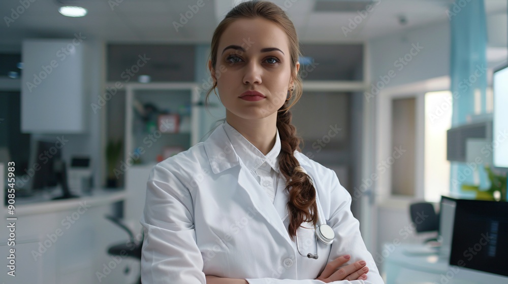 Female doctor reviewing patient charts in a high-tech medical office, copy space Female doctor reviewing patient charts in a high-tech medical office, copy space
