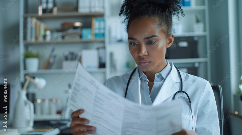 Female doctor reviewing patient charts in a high-tech medical office, copy space Female doctor reviewing patient charts in a high-tech medical office, copy space