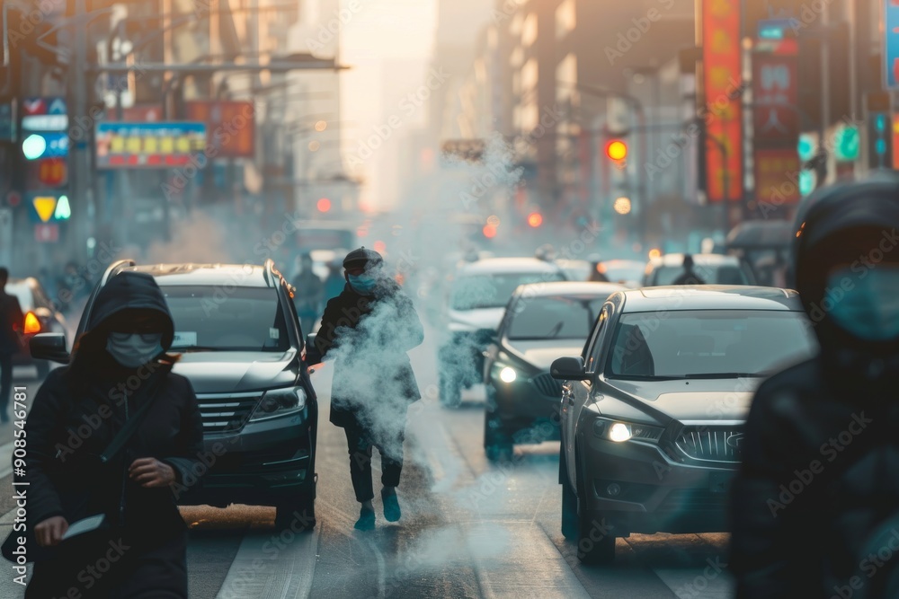 Background of a busy urban street filled with cars emitting exhaust fumes, and people wearing masks