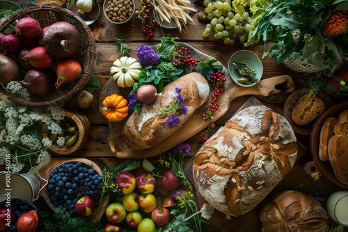 A vibrant image of a traditional Lammas Day feast with freshly baked bread, fruits, and vegetables laid out on a rustic wooden table photo