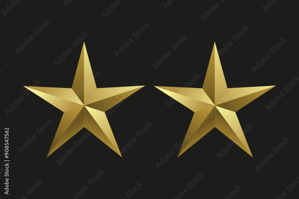 Obraz premium Two Realistic golden star in 3D metal luxury awards. Shiny gold marks and review symbols. Metallic badges set of best quality vector, illustration