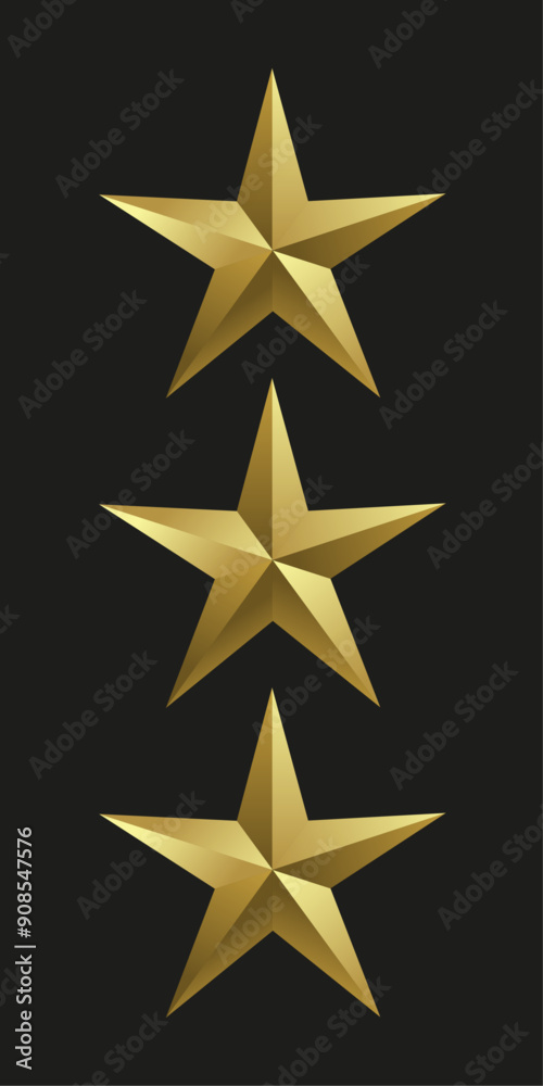 Obraz premium Set of three Realistic golden star in 3D metal luxury awards. Shiny gold marks and review symbols. Metallic badges set of best quality vector, illustration