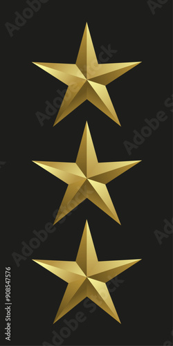 Set of three Realistic golden star in 3D metal luxury awards. Shiny gold marks and review symbols. Metallic badges set of best quality vector, illustration