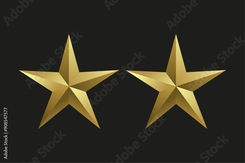 Two Realistic golden star in 3D metal luxury awards. Shiny gold marks and review symbols. Metallic badges set of best quality vector, illustration
