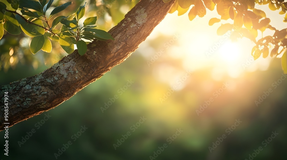 Fototapeta premium Sunlight Filtering Through Lush Green Leaves on a Tree Branch in a Peaceful Forest Landscape